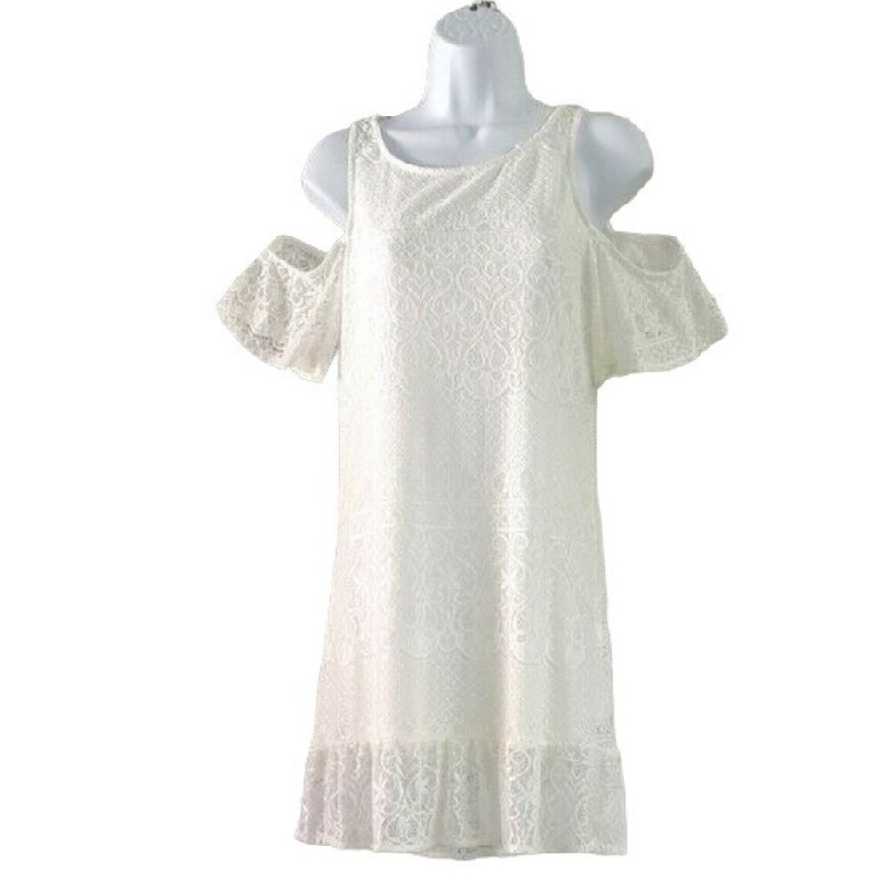 Sheinside Lace Dress Cream Small Short Sleeve Crochet Cold Shoulder Sheath